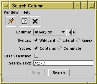 Column Search window