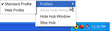 Screenshot of Profiles menu in the system tray window