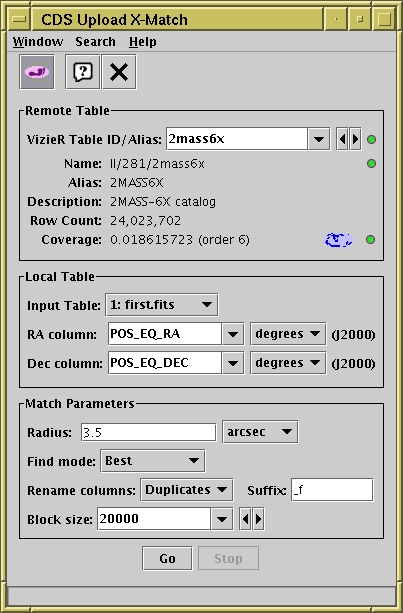CDS Upload X-Match Window