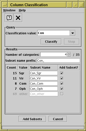 Column Classification Window