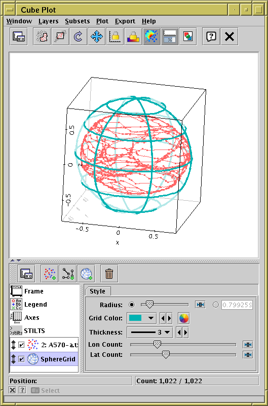 Plot of the XYZ vertices providing surface of an asteroid (48 Doris)
with a spherical grid overplotted.
